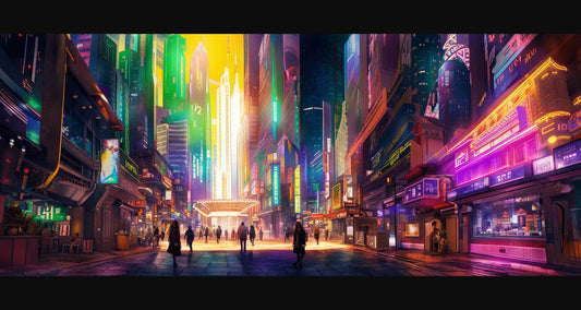 Street Level Illustrated View of a Densely Populated City Set Sometime in the Near Future 0105 SN1056 - Sweet As Hell Designs