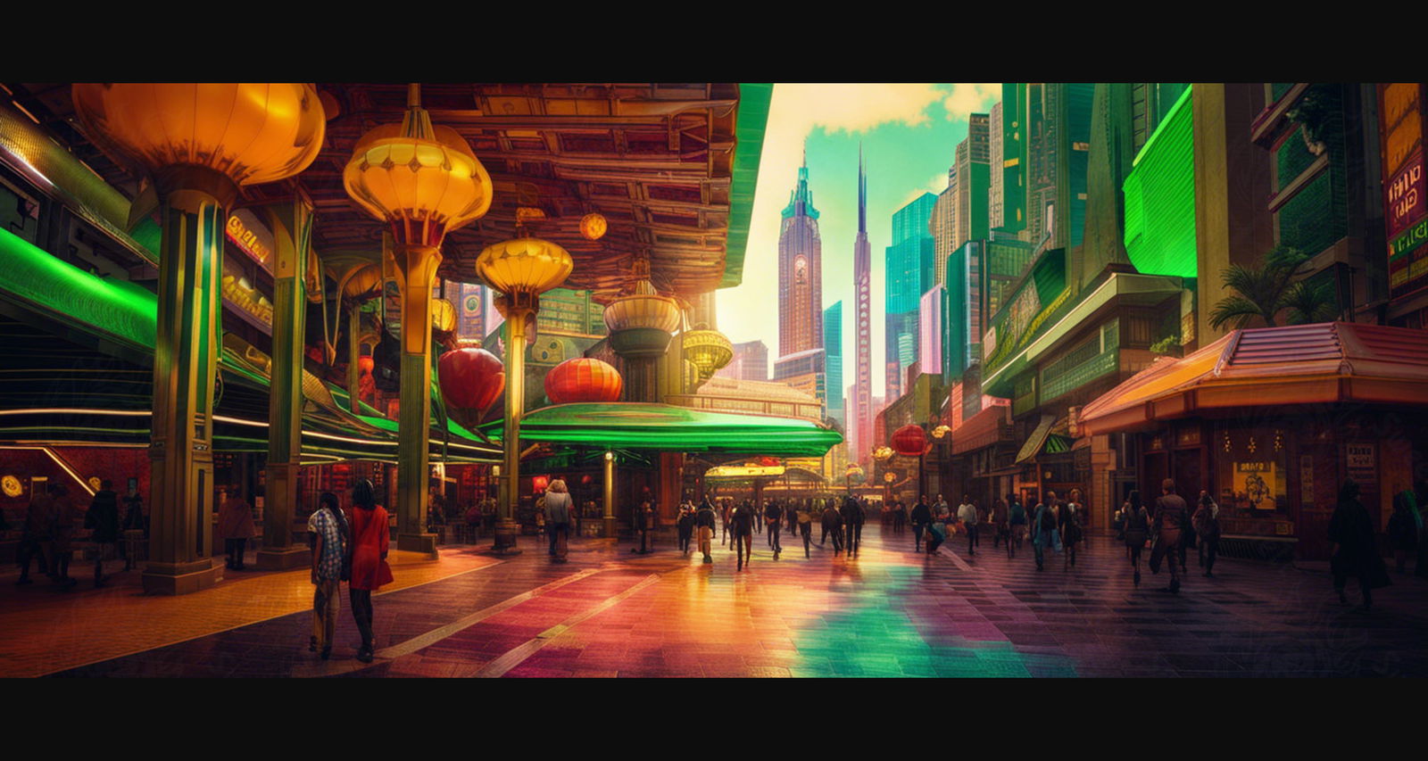 Street Level Illustrated View of a Densely Populated City Set Sometime in the Near Future 0107 SN1058 - Sweet As Hell Designs