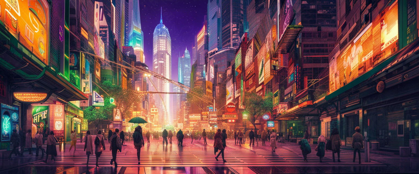 Street Level Illustrated View of a Densely Populated City Set Sometime in the Near Future 0110 SN1061 - Sweet As Hell Designs