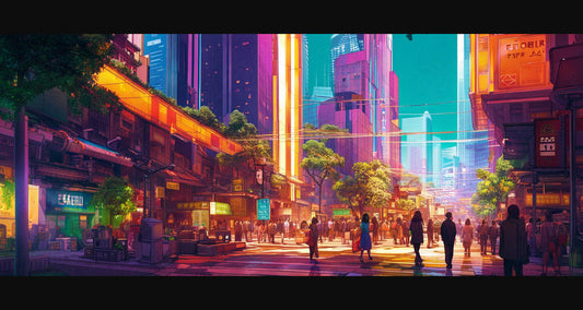 Street Level Illustrated View of a Densely Populated City Set Sometime in the Near Future 0113 SN1064 - Sweet As Hell Designs