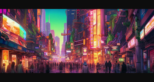 Street Level Illustrated View of a Densely Populated City Set Sometime in the Near Future 0123 SN1074 - Sweet As Hell Designs