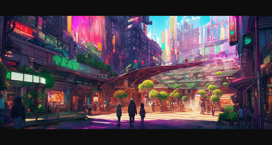 Street Level Illustrated View of a Densely Populated City Set Sometime in the Near Future 0126 SN1077 - Sweet As Hell Designs