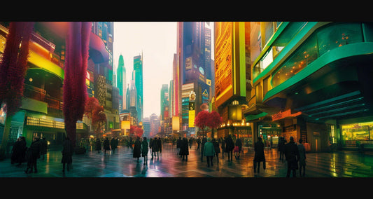 Street Level Illustrated View of a Densely Populated City Set Sometime in the Near Future 0135 SN1086 - Sweet As Hell Designs