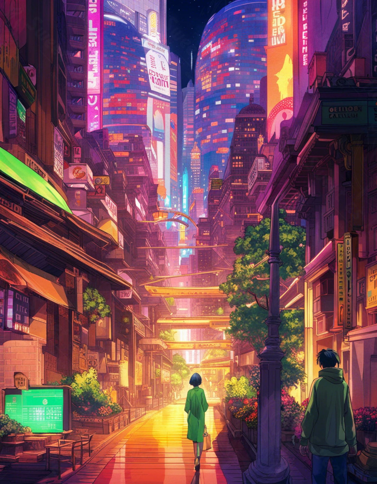 Street Level Illustrated View of a Densely Populated City Set Sometime in the Near Future 0136 SN1087 - Sweet As Hell Designs
