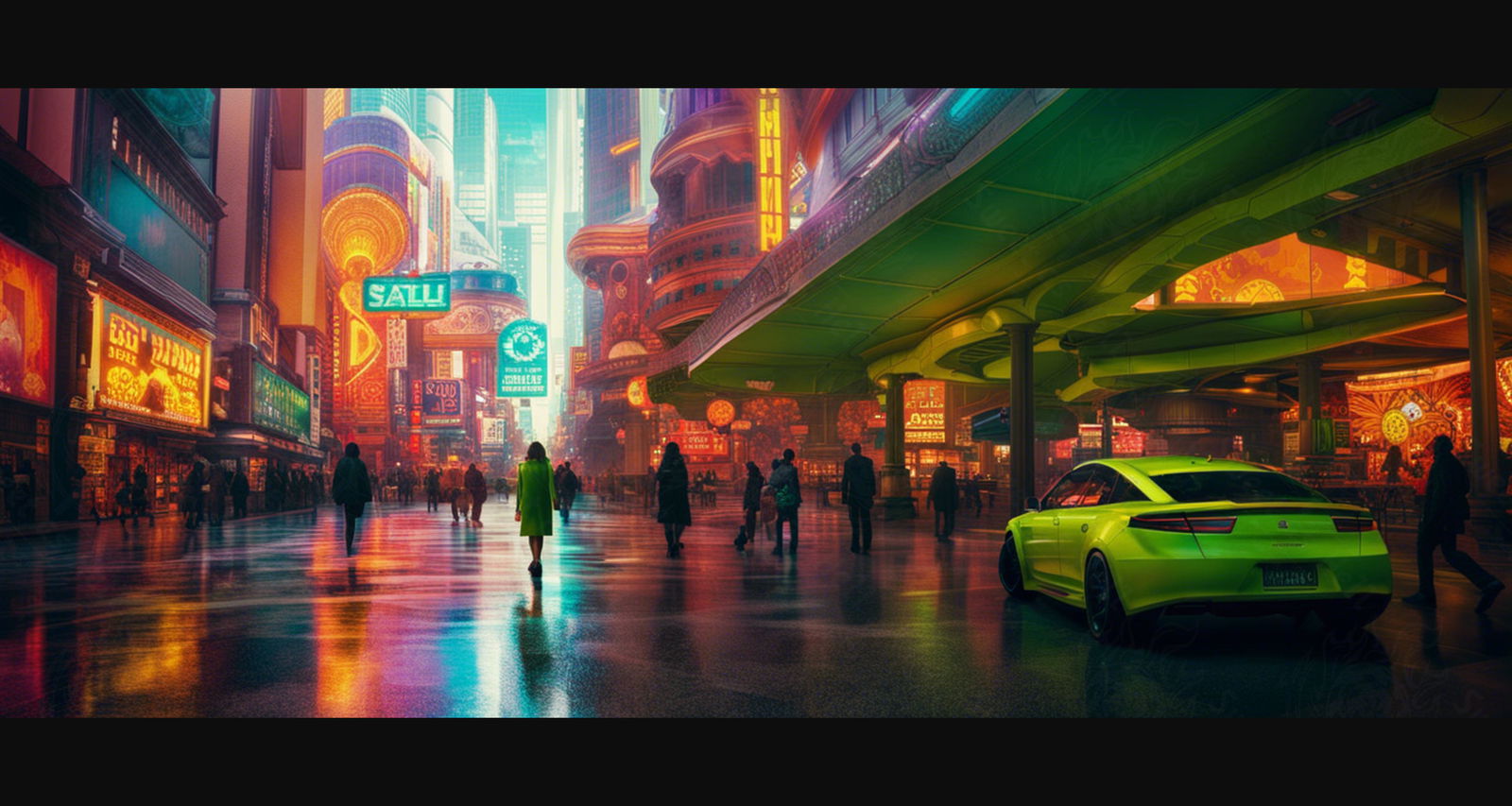 Street Level Illustrated View of a Densely Populated City Set Sometime in the Near Future 0140 SN1091 - Sweet As Hell Designs