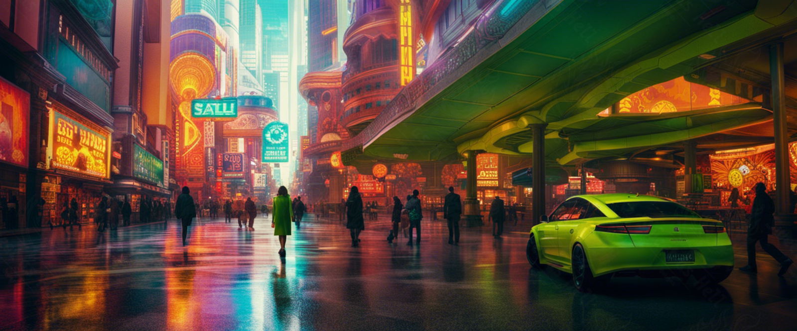 Street Level Illustrated View of a Densely Populated City Set Sometime in the Near Future 0140 SN1091 - Sweet As Hell Designs