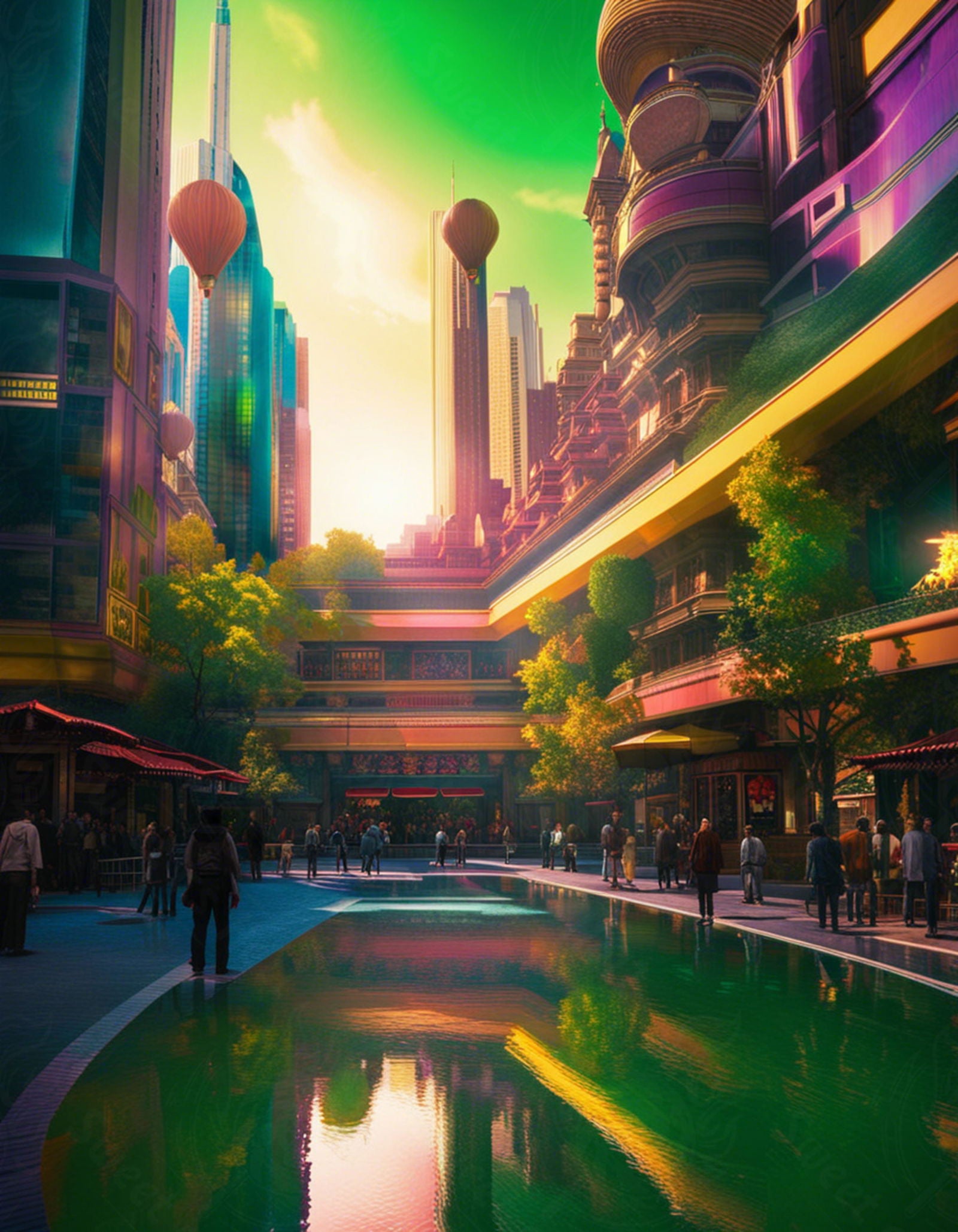 Street Level Illustrated View of a Densely Populated City Set Sometime in the Near Future 0147 SN1098 - Sweet As Hell Designs