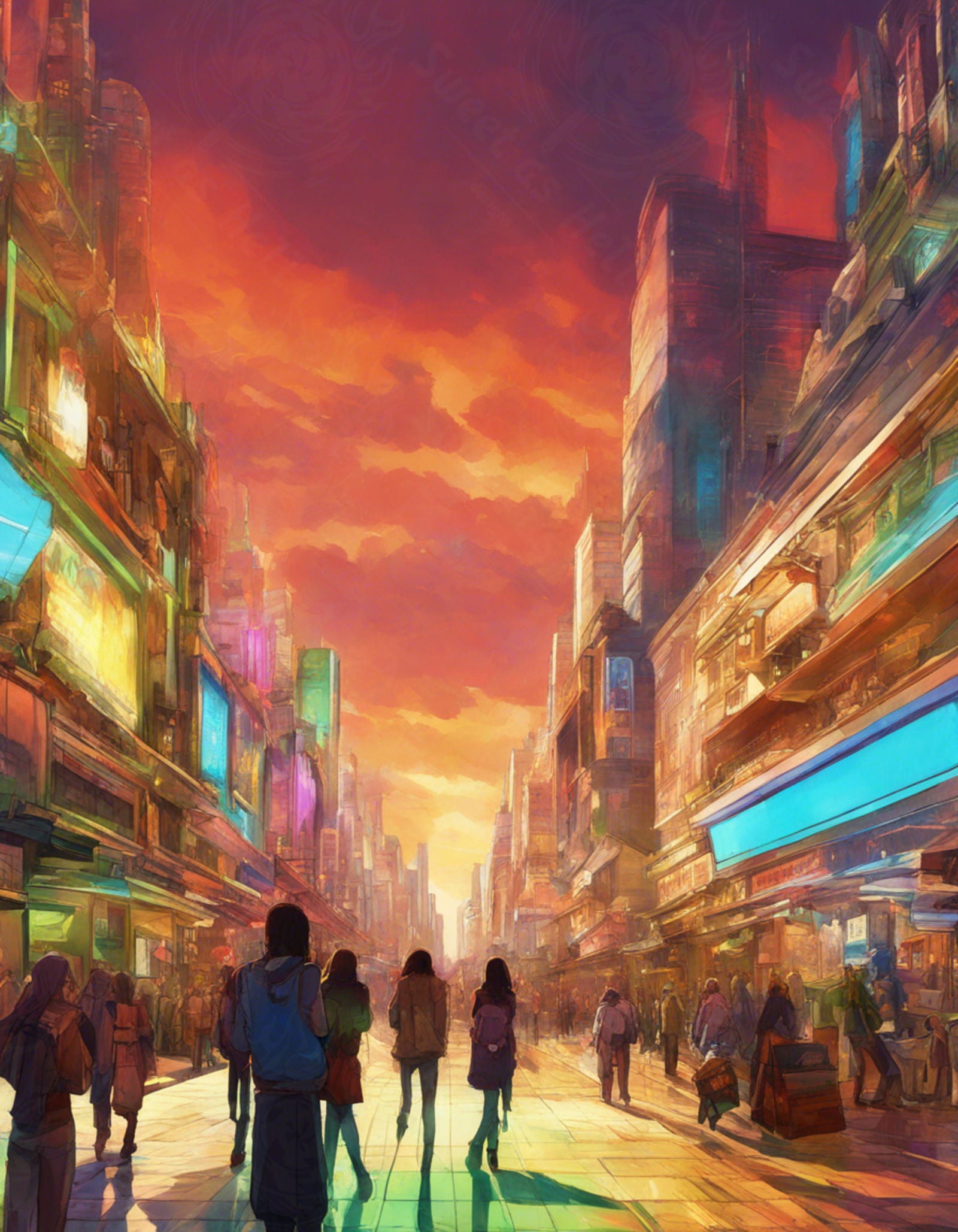 Street Level Illustrated View of a Densely Populated City Set Sometime in the Near Future 0156 SN1107 - Sweet As Hell Designs