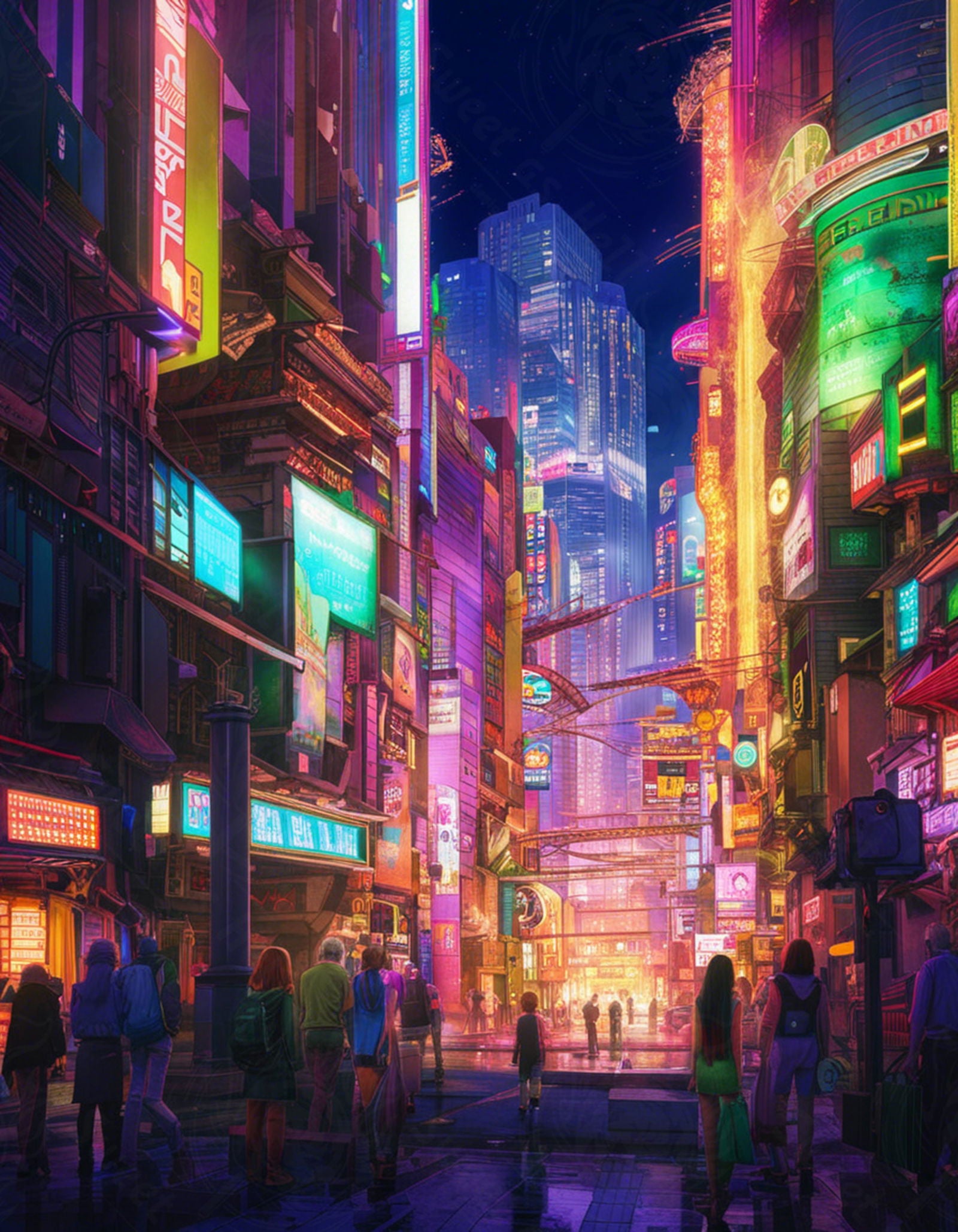 Street Level Illustrated View of a Densely Populated City Set Sometime in the Near Future 0157 SN1108 - Sweet As Hell Designs