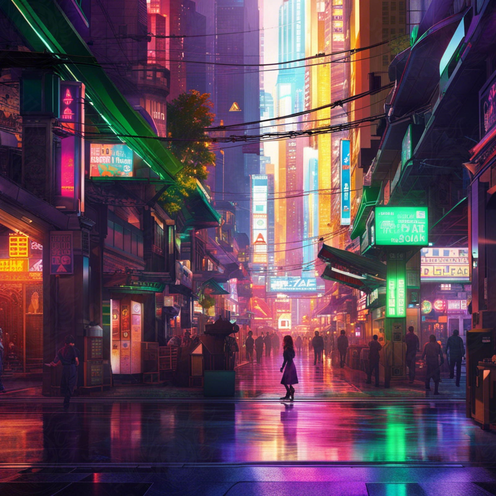 Street Level Illustrated View of a Densely Populated City Set Sometime in the Near Future 0170 SN1121 - Sweet As Hell Designs