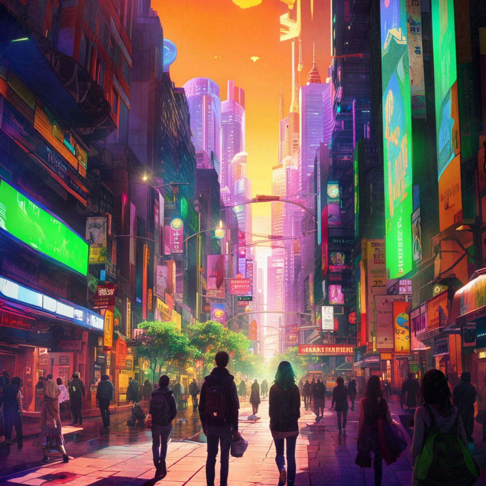 Street Level Illustrated View of a Densely Populated City Set Sometime in the Near Future 0181 SN1132 - Sweet As Hell Designs