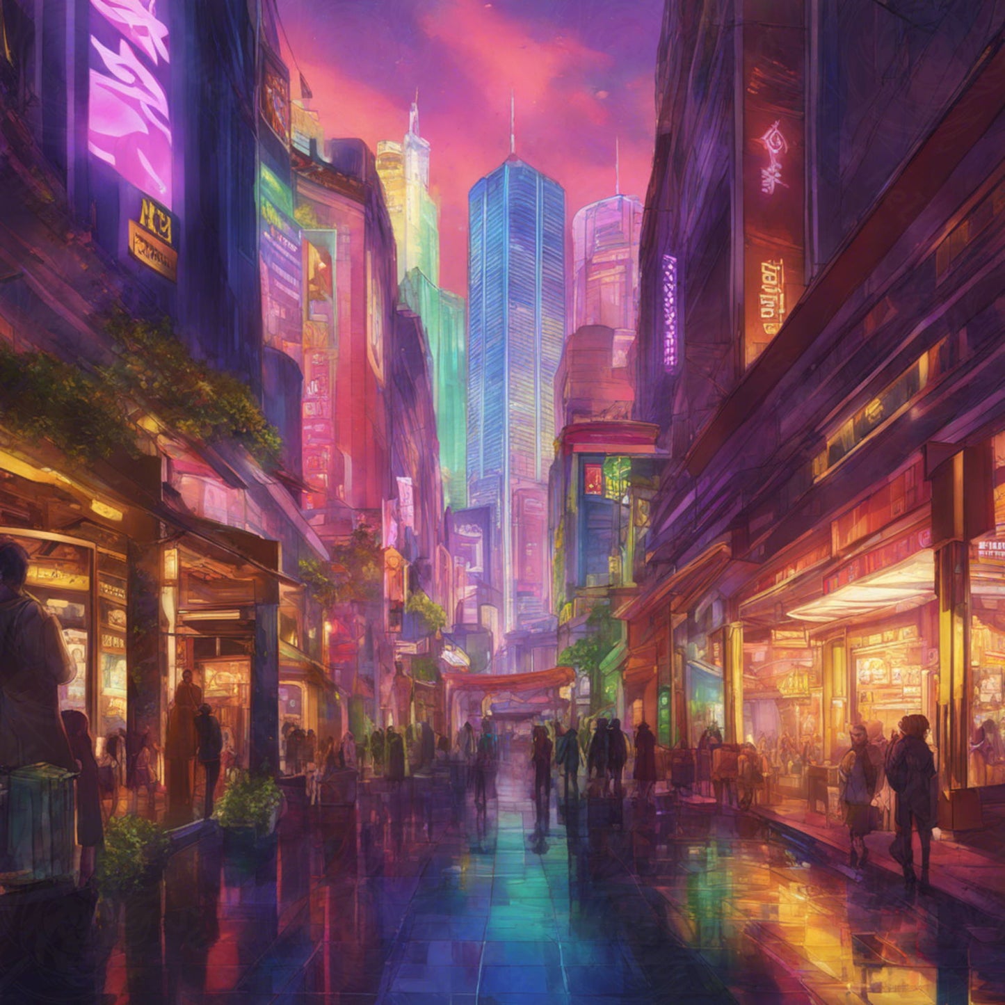Street Level Illustrated View of a Densely Populated City Set Sometime in the Near Future 0185 SN1136 - Sweet As Hell Designs