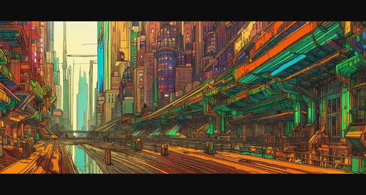 Street Level View of a Illustrated Future City in a Colored Line Art Style 0001 SN1197 - Sweet As Hell Designs