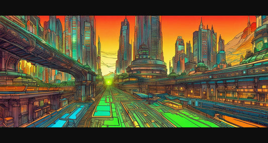 Street Level View of a Illustrated Future City in a Colored Line Art Style 0002 SN1198 - Sweet As Hell Designs
