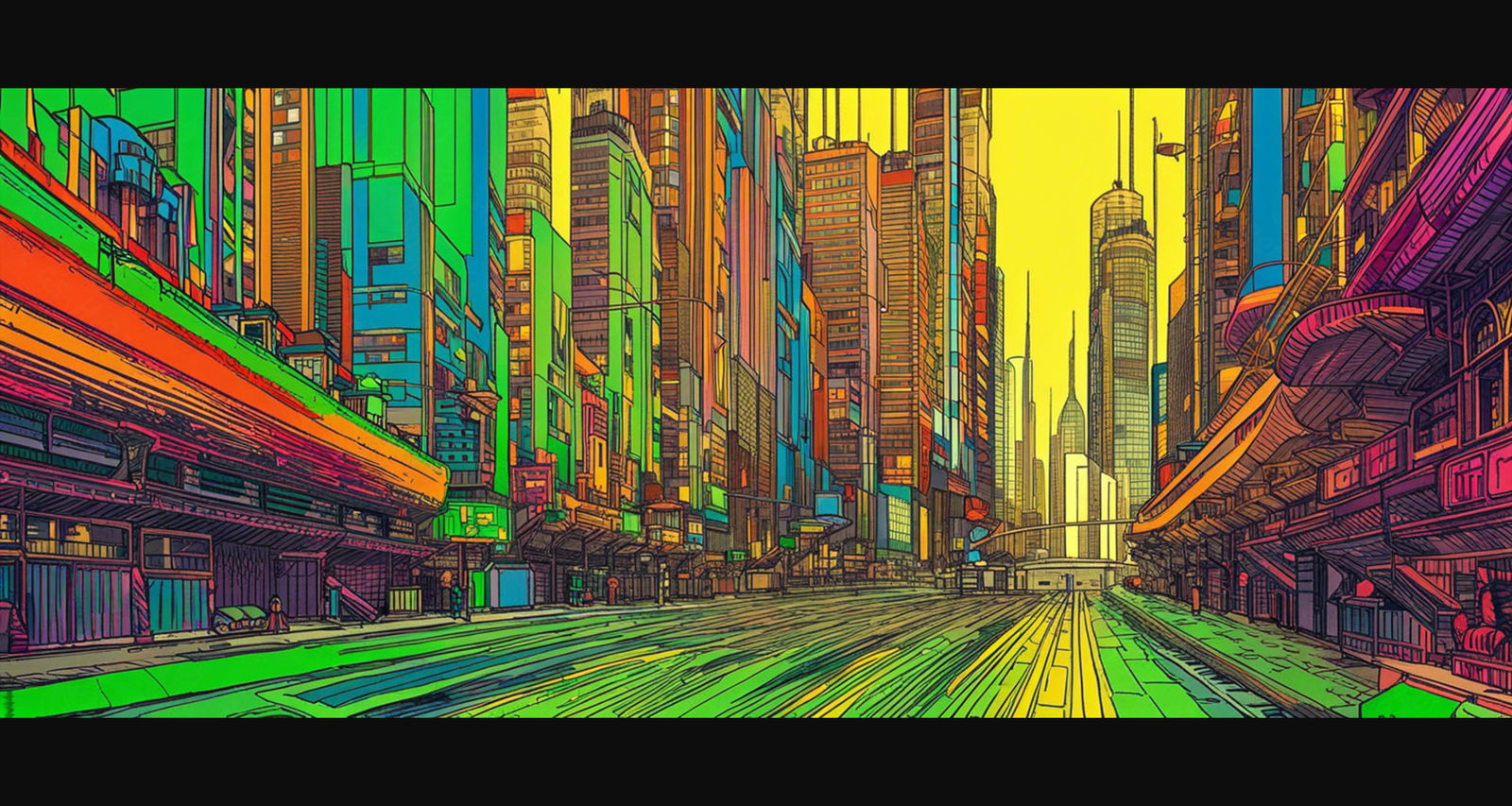 Street Level View of a Illustrated Future City in a Colored Line Art Style 0003 SN1199 - Sweet As Hell Designs