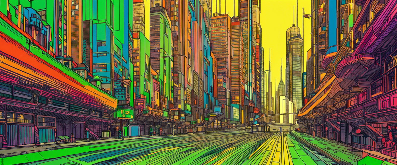Street Level View of a Illustrated Future City in a Colored Line Art Style 0003 SN1199 - Sweet As Hell Designs