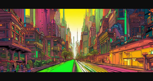Street Level View of a Illustrated Future City in a Colored Line Art Style 0004 SN1200 - Sweet As Hell Designs