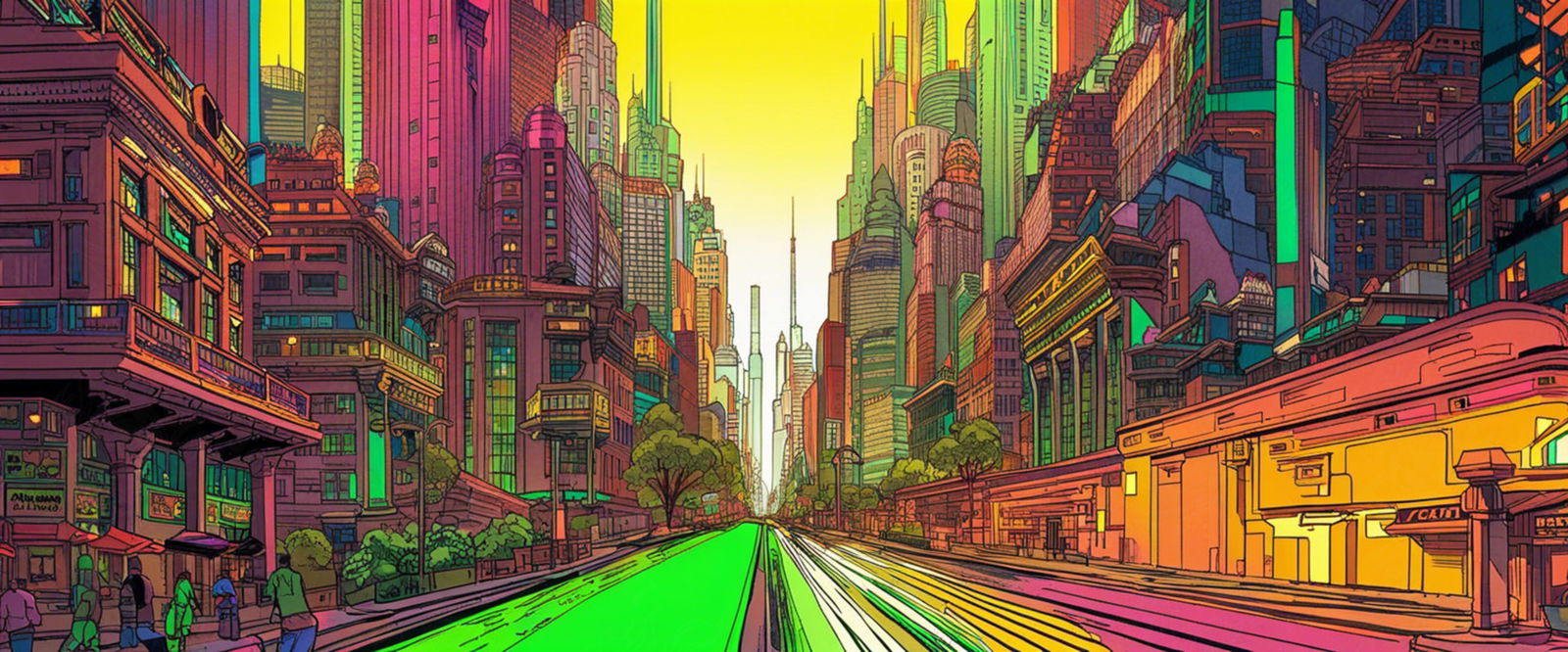 Street Level View of a Illustrated Future City in a Colored Line Art Style 0004 SN1200 - Sweet As Hell Designs