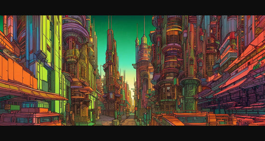 Street Level View of a Illustrated Future City in a Colored Line Art Style 0005 SN1201 - Sweet As Hell Designs