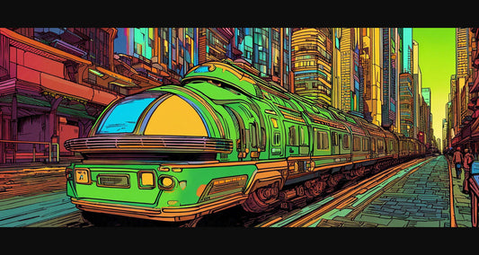 Street Level View of a Illustrated Future City in a Colored Line Art Style 0006 SN1202 - Sweet As Hell Designs