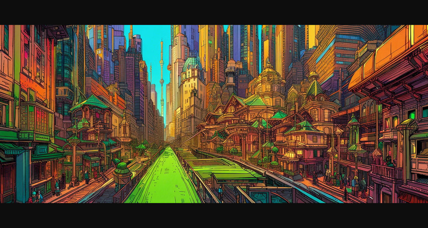 Street Level View of a Illustrated Future City in a Colored Line Art Style 0007 SN1203 - Sweet As Hell Designs