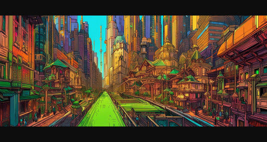 Street Level View of a Illustrated Future City in a Colored Line Art Style 0007 SN1203 - Sweet As Hell Designs