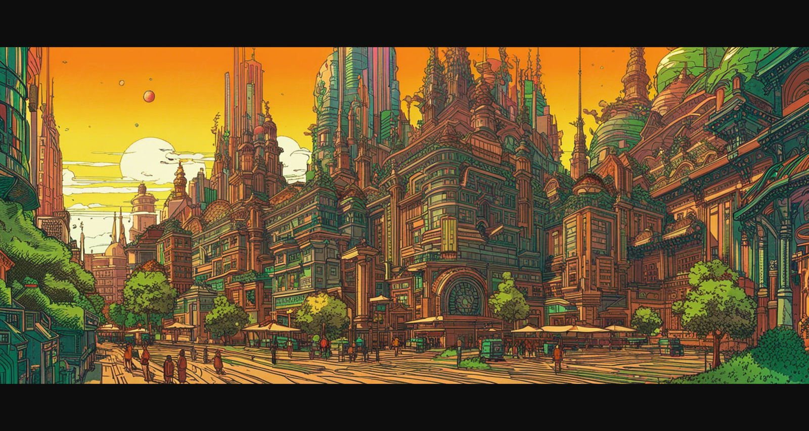 Street Level View of a Illustrated Future City in a Colored Line Art Style 0009 SN1205 - Sweet As Hell Designs