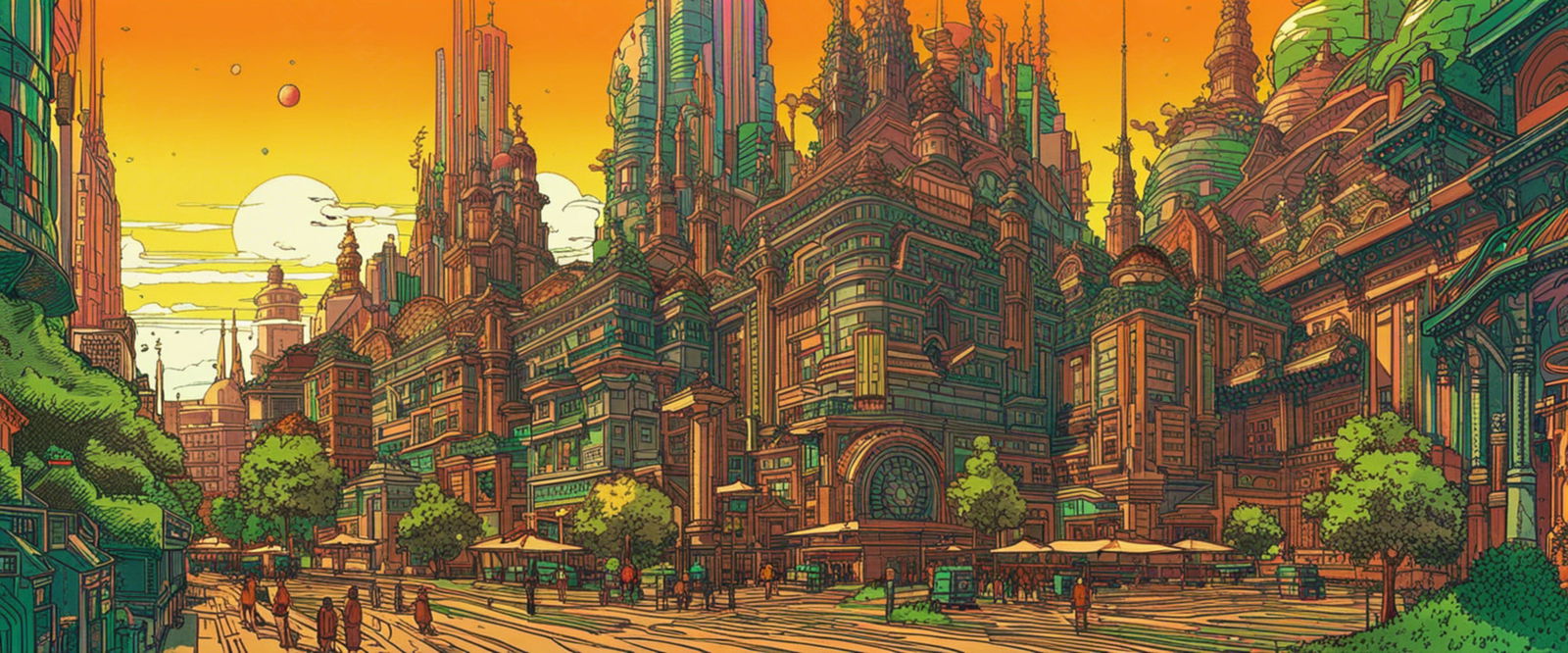 Street Level View of a Illustrated Future City in a Colored Line Art Style 0009 SN1205 - Sweet As Hell Designs