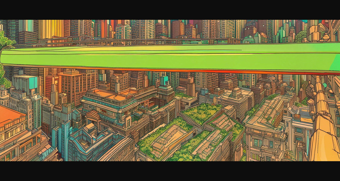 Street Level View of a Illustrated Future City in a Colored Line Art Style 0011 SN1207 - Sweet As Hell Designs