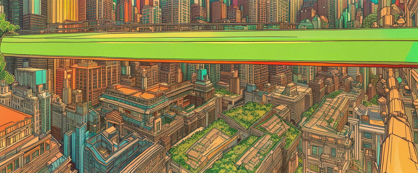 Street Level View of a Illustrated Future City in a Colored Line Art Style 0011 SN1207 - Sweet As Hell Designs