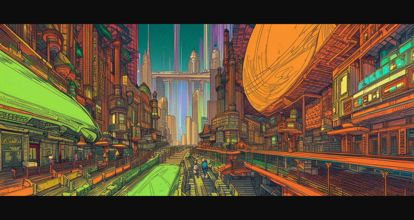 Street Level View of a Illustrated Future City in a Colored Line Art Style 0012 SN1208 - Sweet As Hell Designs