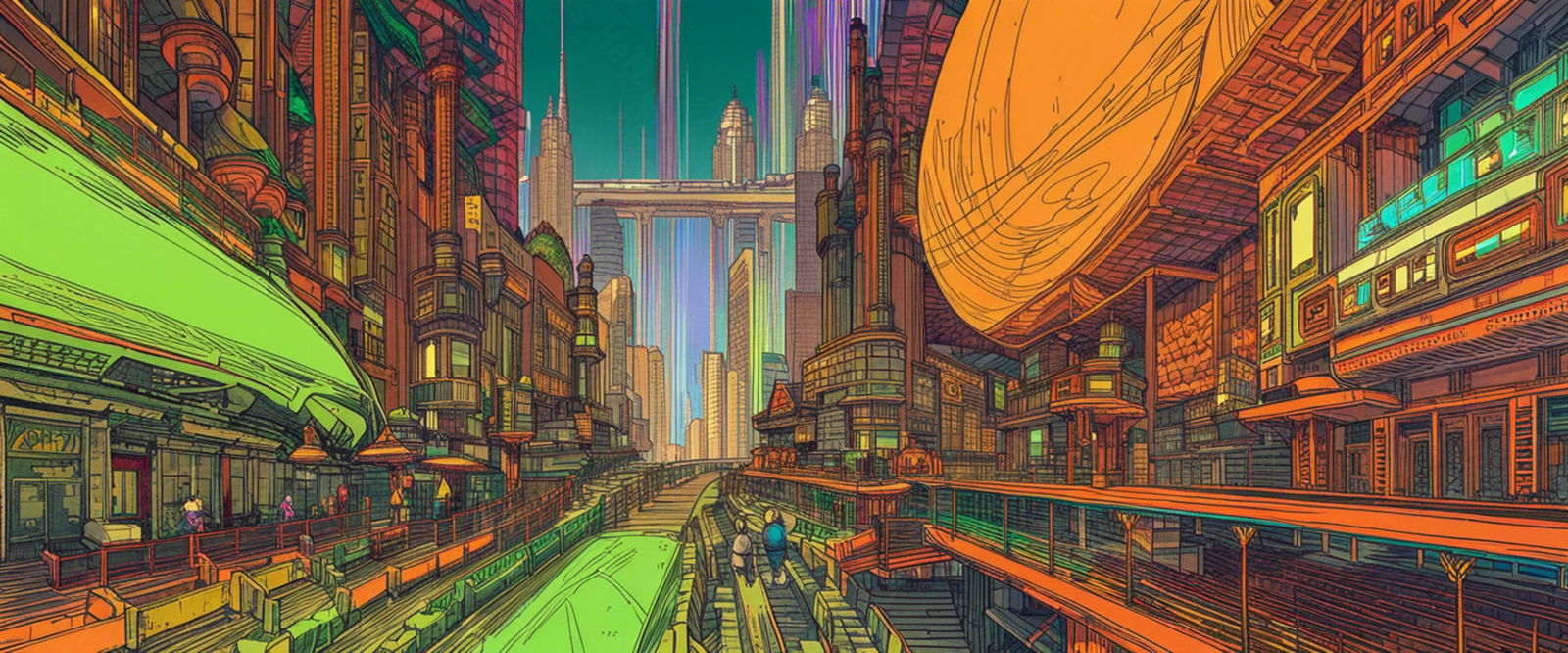 Street Level View of a Illustrated Future City in a Colored Line Art Style 0012 SN1208 - Sweet As Hell Designs