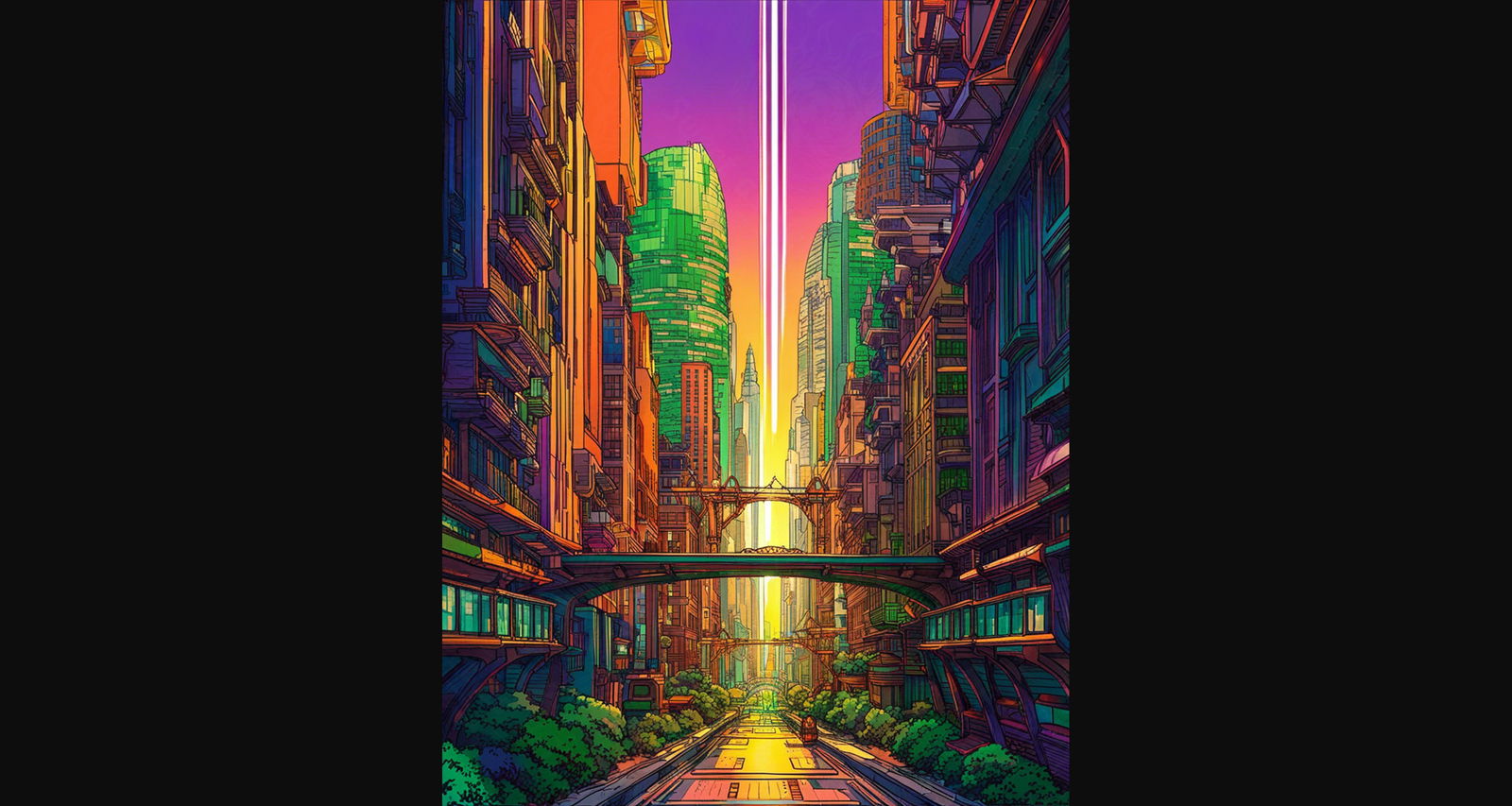 Street Level View of a Illustrated Future City in a Colored Line Art Style 0016 SN1212 - Sweet As Hell Designs