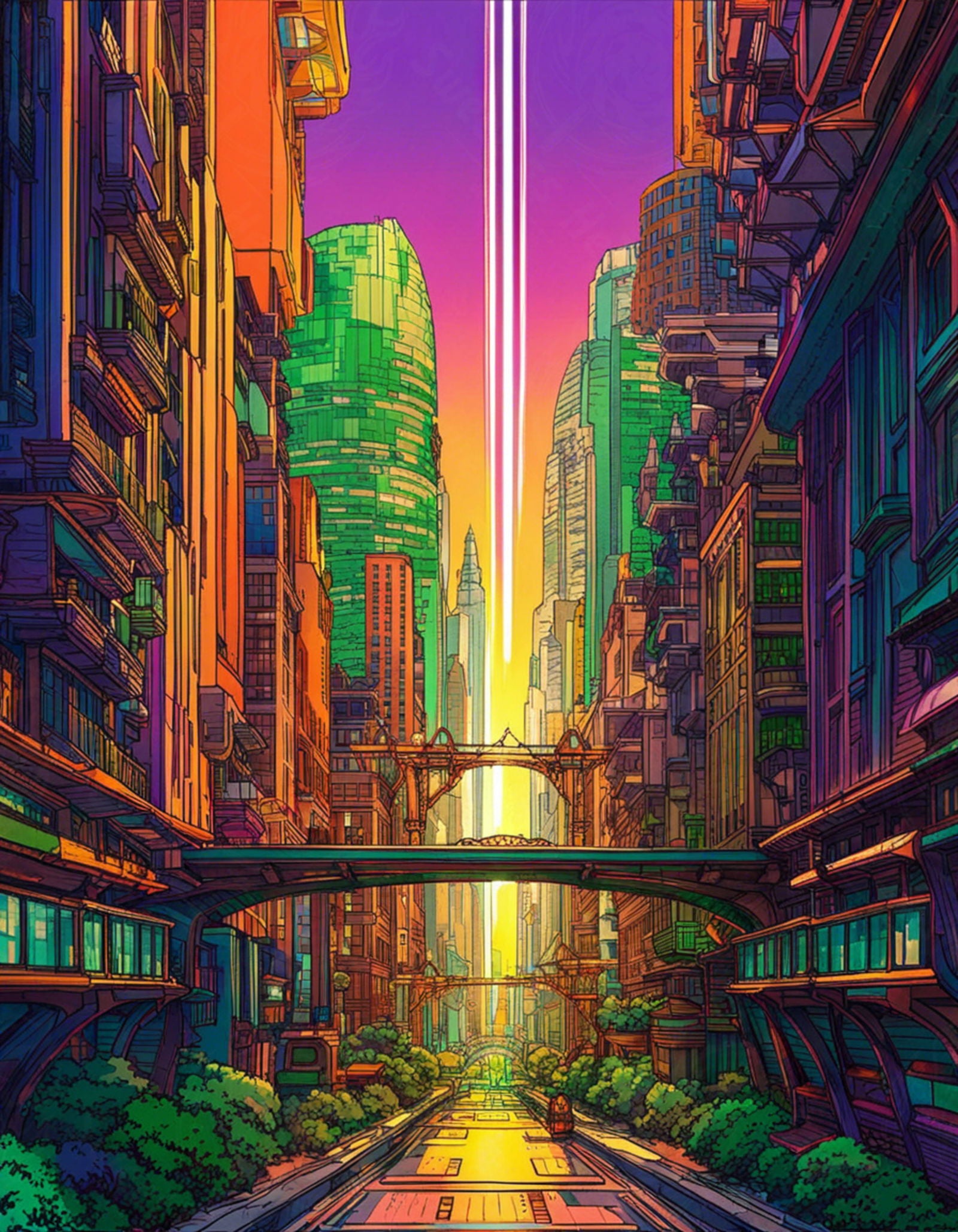 Street Level View of a Illustrated Future City in a Colored Line Art Style 0016 SN1212 - Sweet As Hell Designs