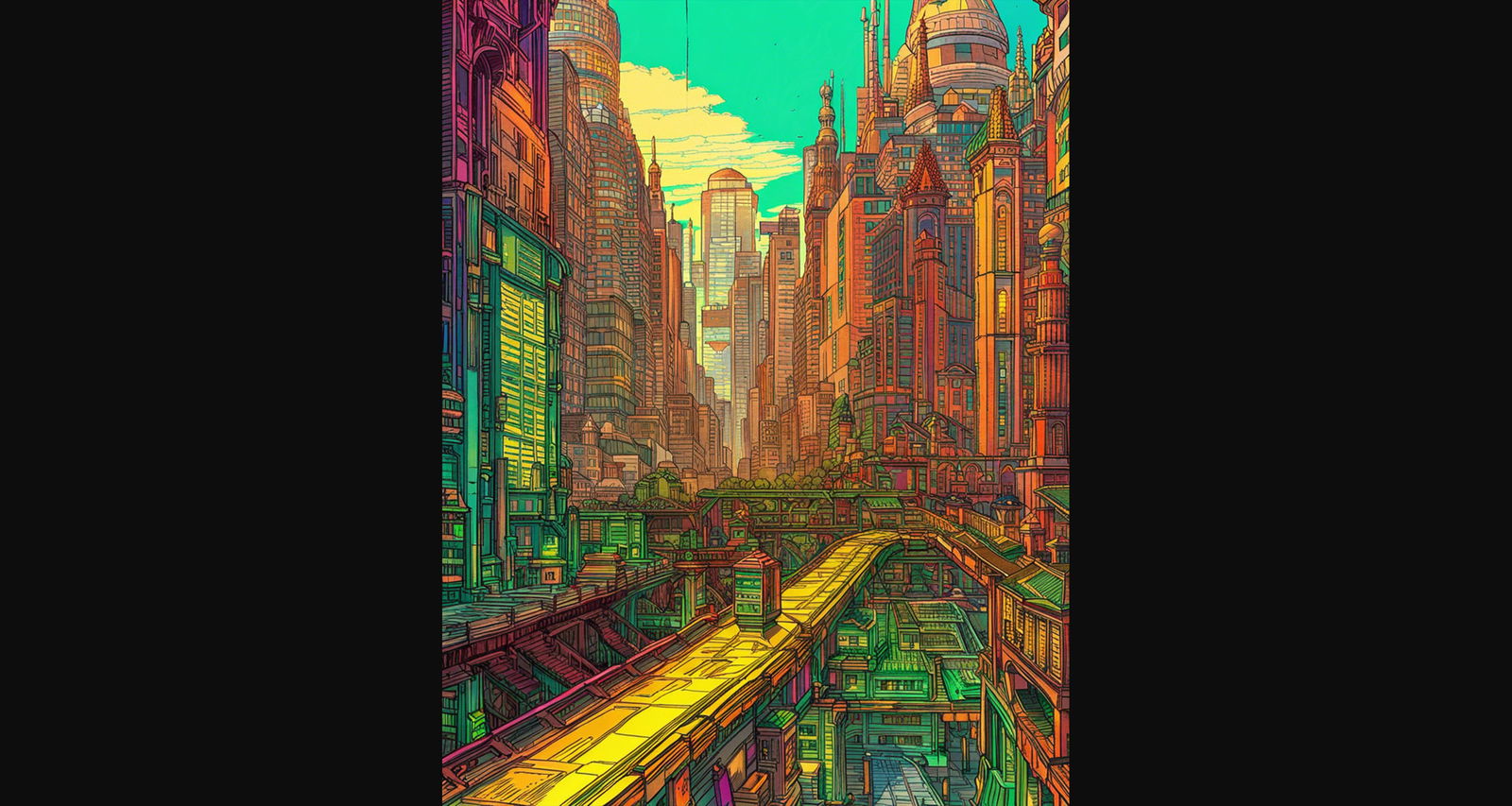 Street Level View of a Illustrated Future City in a Colored Line Art Style 0017 SN1213 - Sweet As Hell Designs