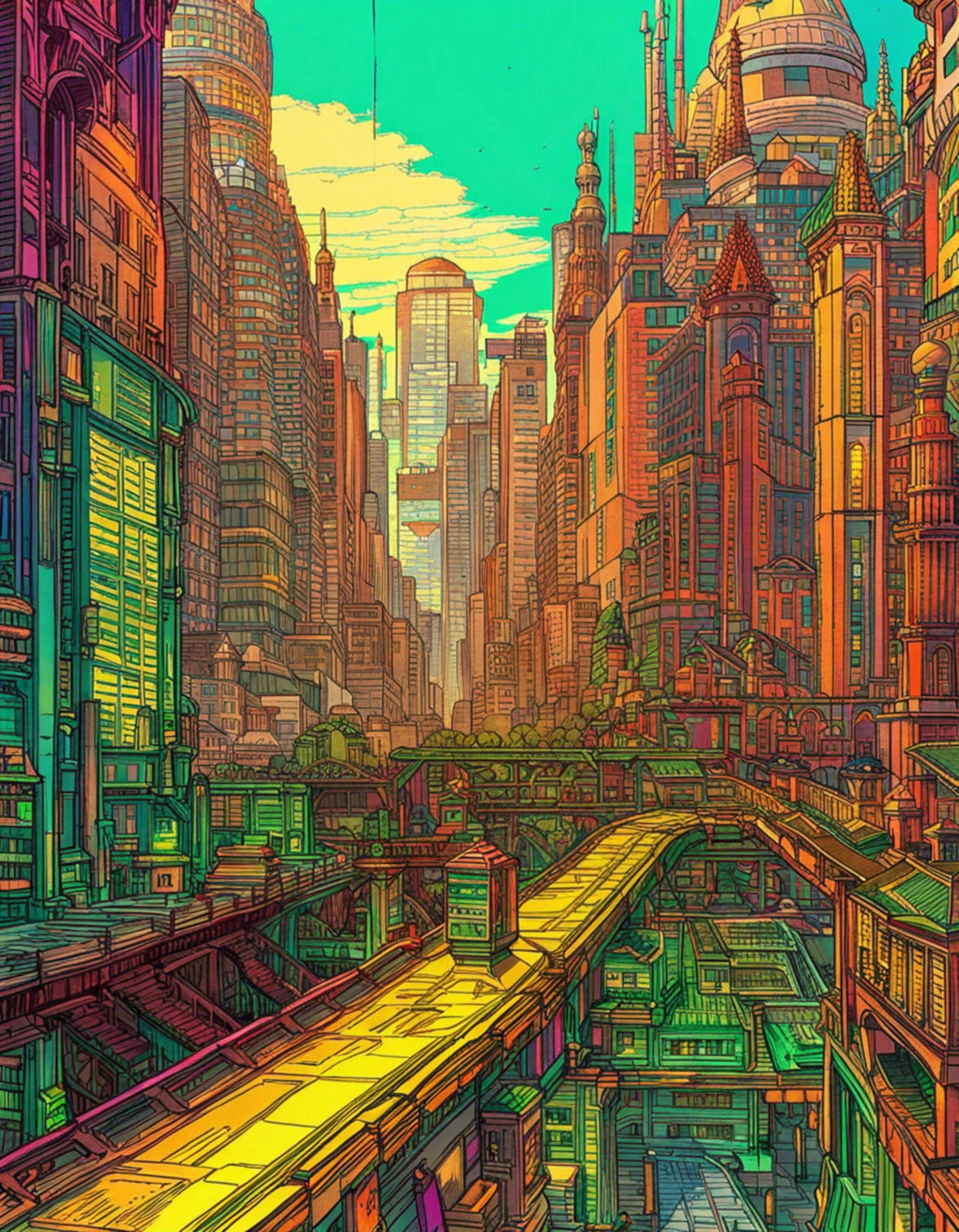 Street Level View of a Illustrated Future City in a Colored Line Art Style 0017 SN1213 - Sweet As Hell Designs