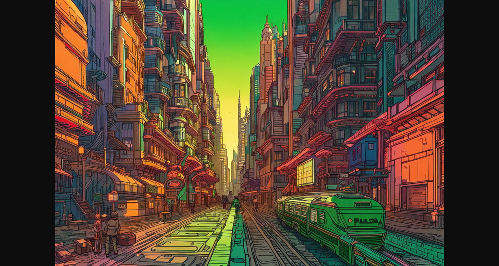 Street Level View of a Illustrated Future City in a Colored Line Art Style 0019 SN1215 - Sweet As Hell Designs