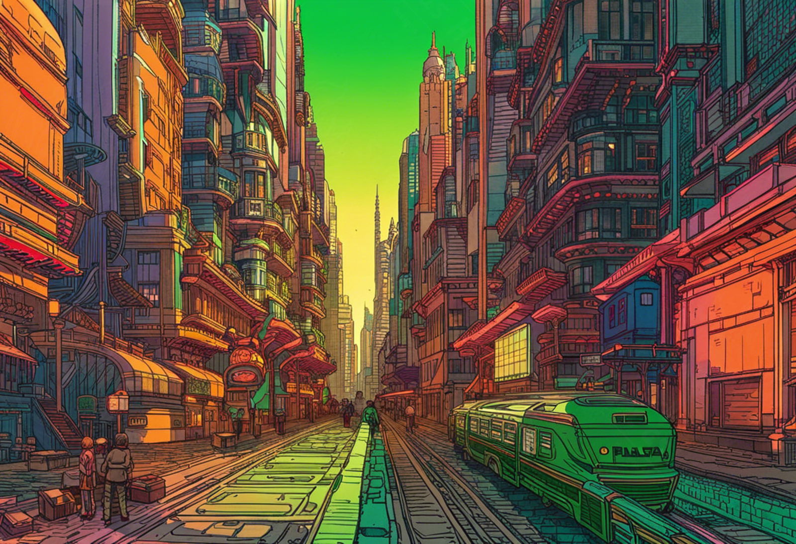 Street Level View of a Illustrated Future City in a Colored Line Art Style 0019 SN1215 - Sweet As Hell Designs
