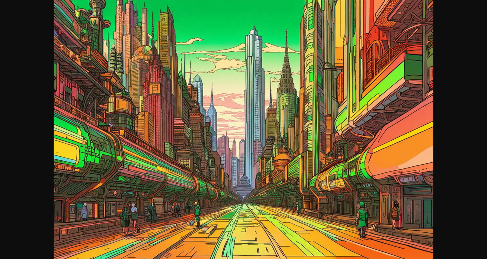 Street Level View of a Illustrated Future City in a Colored Line Art Style 0020 SN1216 - Sweet As Hell Designs