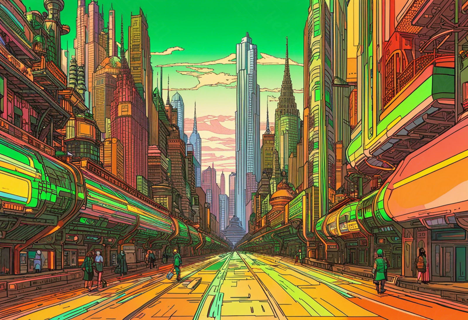 Street Level View of a Illustrated Future City in a Colored Line Art Style 0020 SN1216 - Sweet As Hell Designs