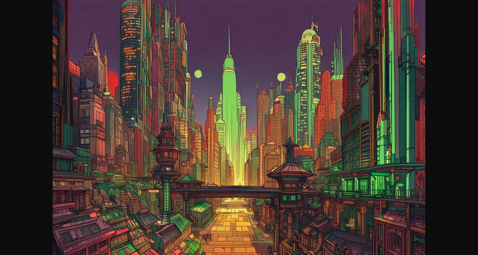 Street Level View of a Illustrated Future City in a Colored Line Art Style 0024 SN1220 - Sweet As Hell Designs