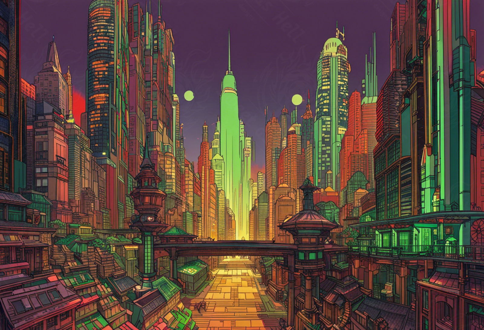 Street Level View of a Illustrated Future City in a Colored Line Art Style 0024 SN1220 - Sweet As Hell Designs