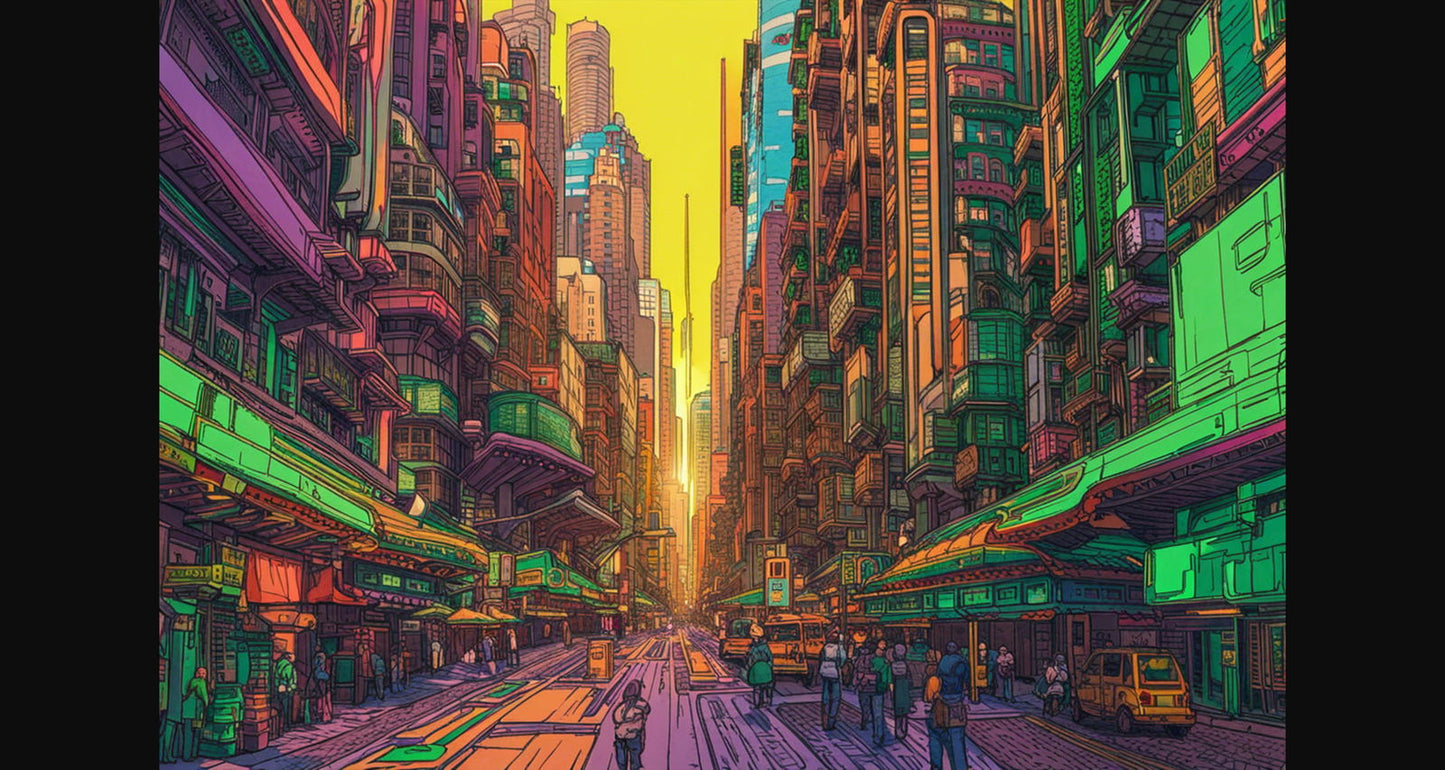 Street Level View of a Illustrated Future City in a Colored Line Art Style 0026 SN1222 - Sweet As Hell Designs