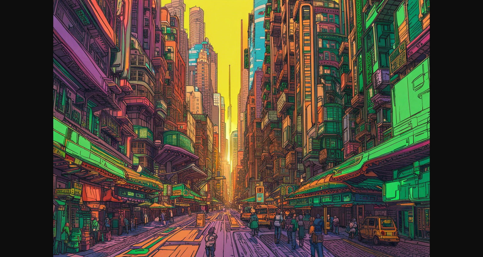 Street Level View of a Illustrated Future City in a Colored Line Art Style 0026 SN1222 - Sweet As Hell Designs