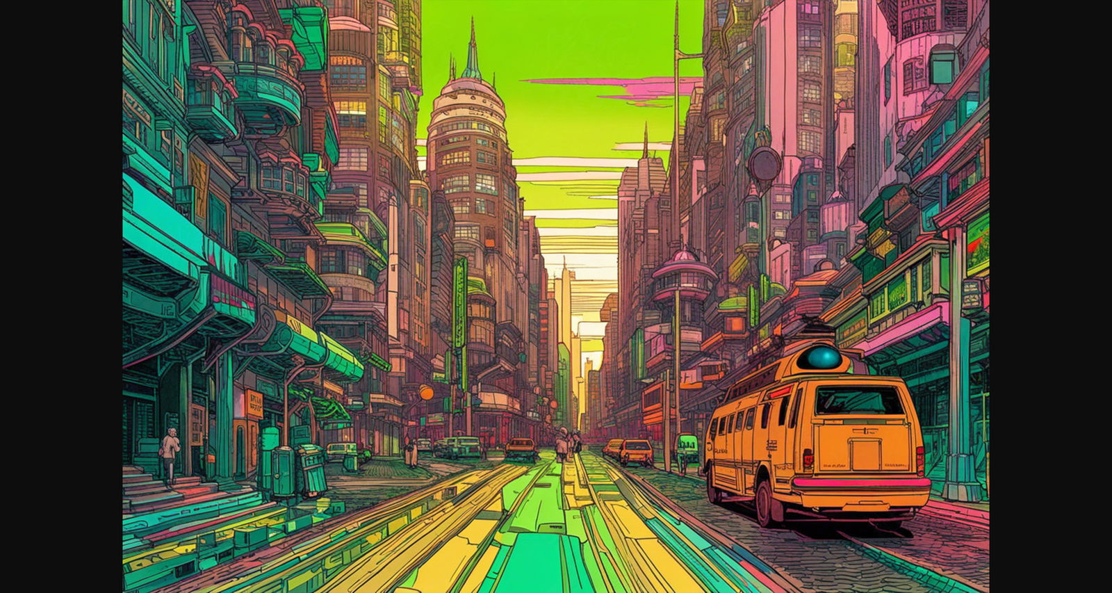 Street Level View of a Illustrated Future City in a Colored Line Art Style 0027 SN1223 - Sweet As Hell Designs