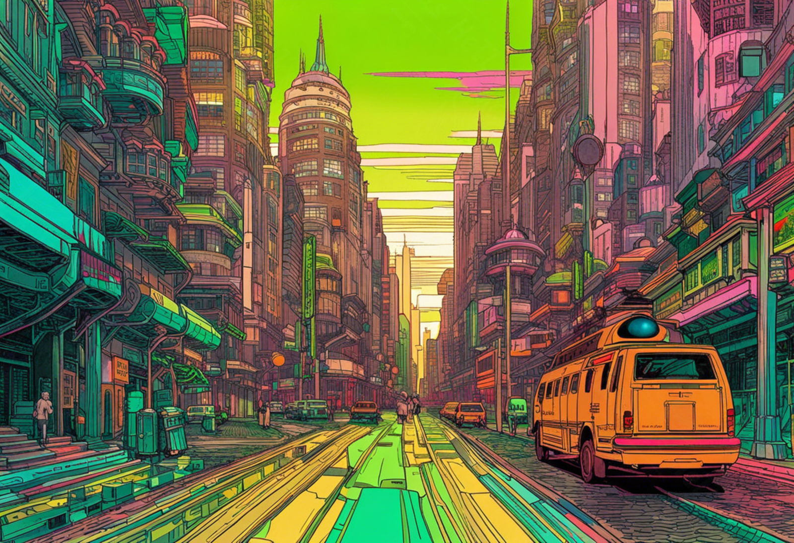 Street Level View of a Illustrated Future City in a Colored Line Art Style 0027 SN1223 - Sweet As Hell Designs