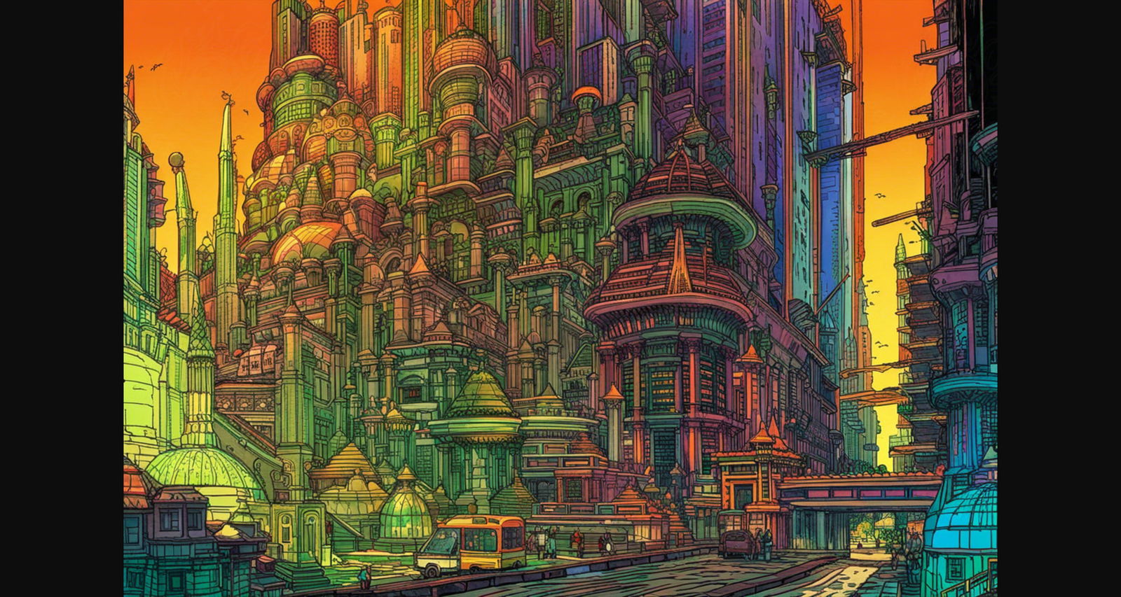 Street Level View of a Illustrated Future City in a Colored Line Art Style 0030 SN1226 - Sweet As Hell Designs
