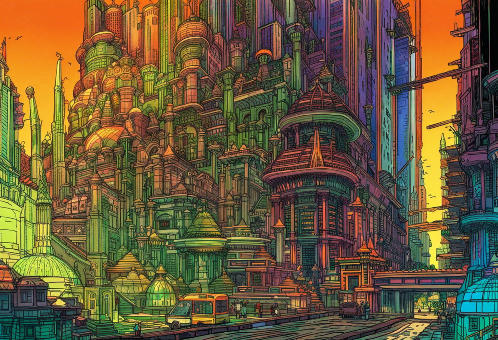 Street Level View of a Illustrated Future City in a Colored Line Art Style 0030 SN1226 - Sweet As Hell Designs