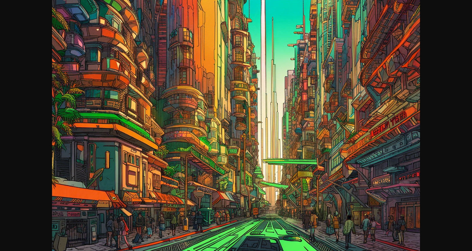 Street Level View of a Illustrated Future City in a Colored Line Art Style 0031 SN1227 - Sweet As Hell Designs