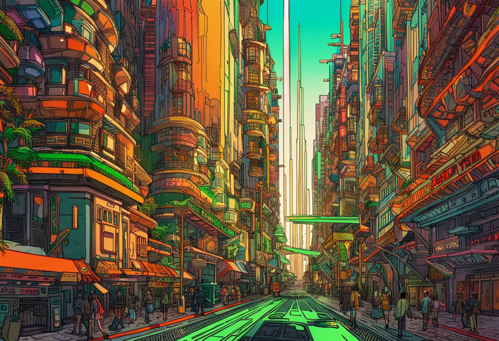 Street Level View of a Illustrated Future City in a Colored Line Art Style 0031 SN1227 - Sweet As Hell Designs